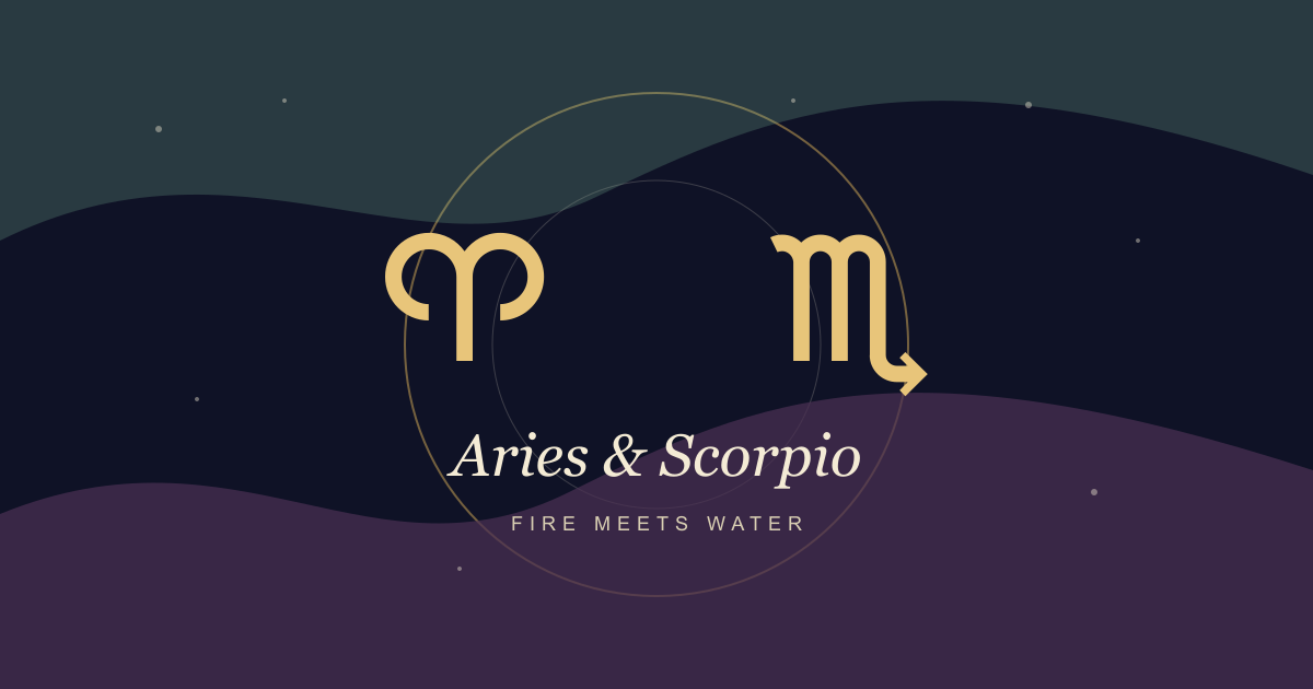 Aries and Scorpio compatibility artwork with fire and water symbolism
