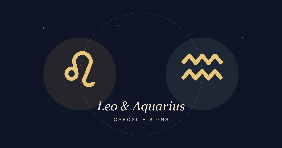 Leo and Aquarius compatibility artwork showing opposite signs on a zodiac axis
