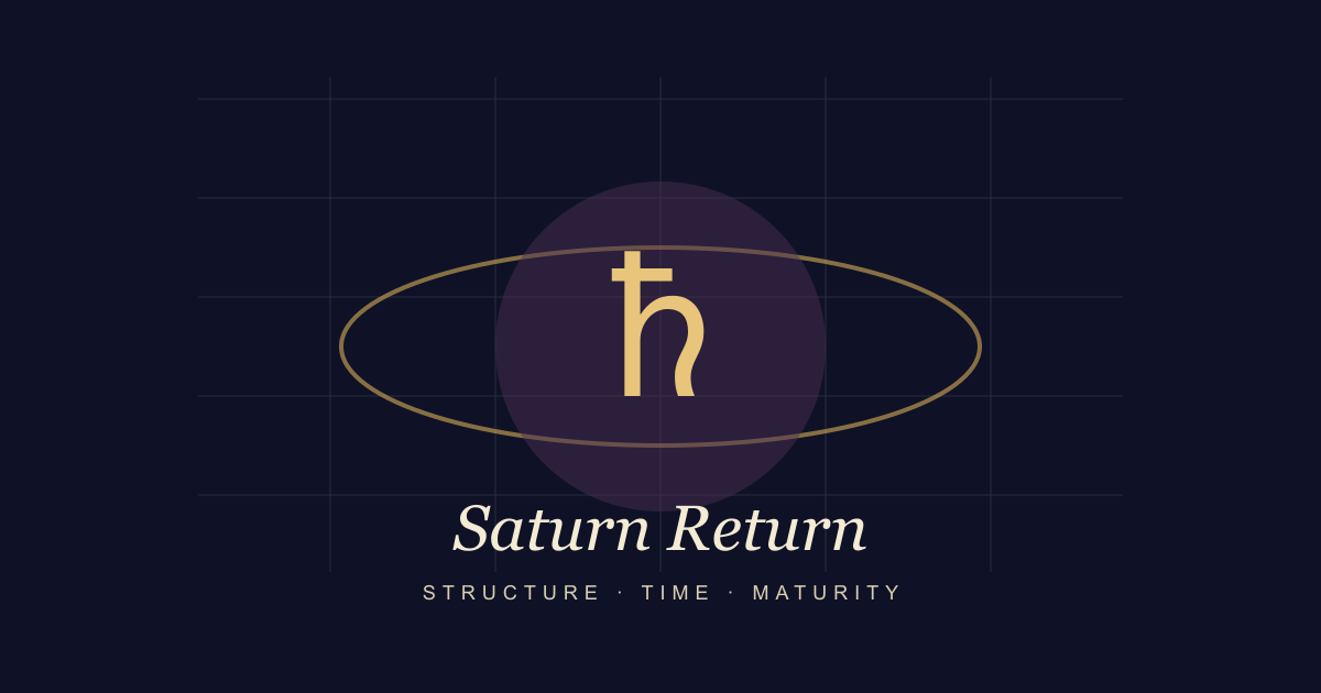 Saturn return artwork with Saturn glyph, rings, and a structured celestial grid
