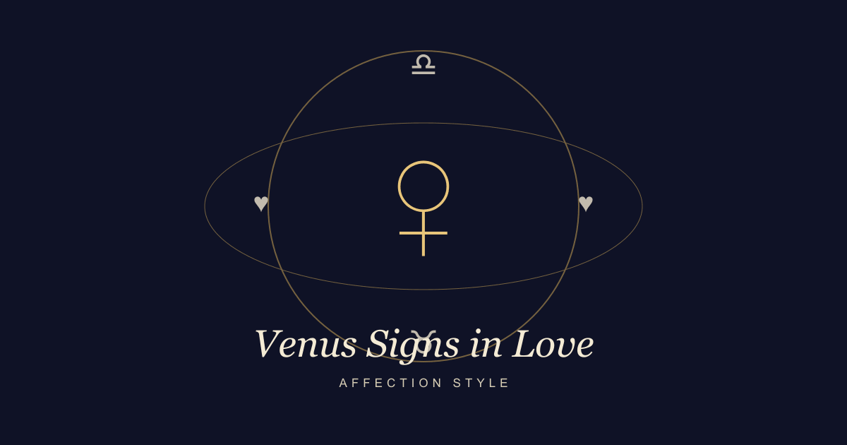 Venus glyph with orbiting hearts and zodiac marks for Venus signs in love.